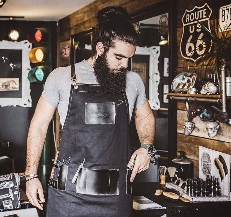 barber apron, barber wear, barber gear, full length barber apron, apron, barber apparel, bravenbearded apparel, salon apron, hair cutters apron, hair dressers apron, black apron
