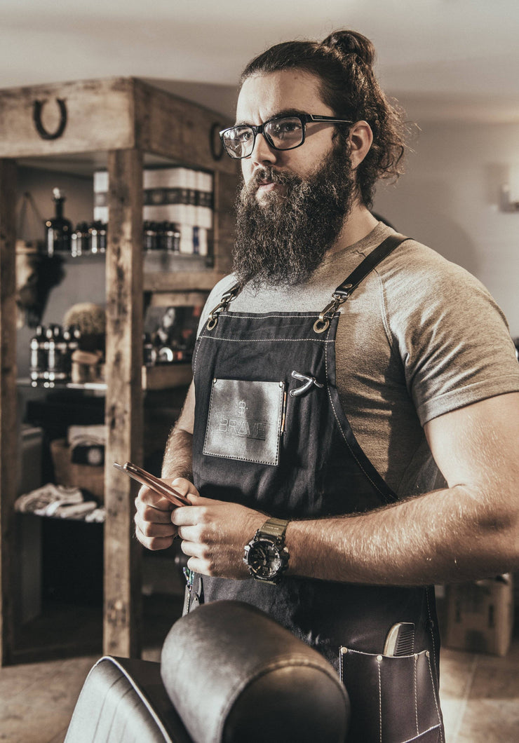 barber apron, barber wear, barber gear, full length barber apron, apron, barber apparel, bravenbearded apparel, salon apron, hair cutters apron, hair dressers apron, black apron