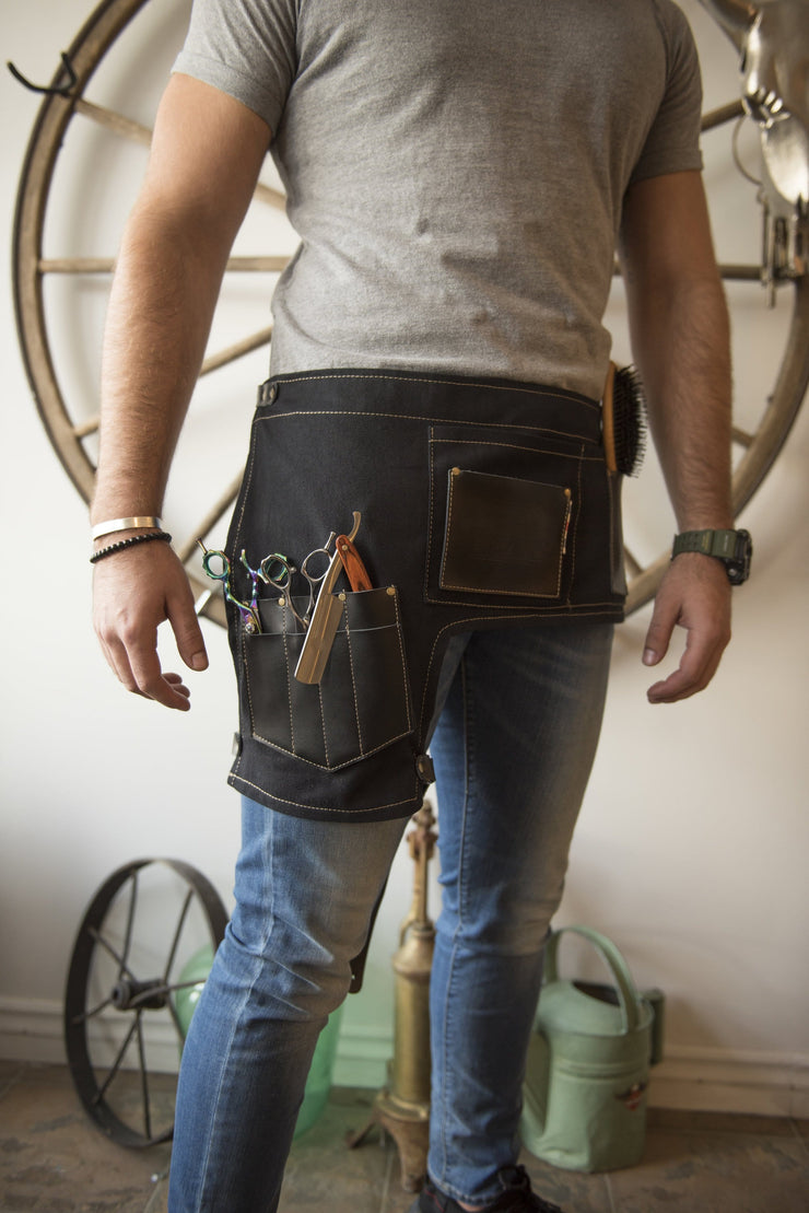barber apron, barber wear, barber gear, waist length barber apron, apron, barber apparel, bravenbearded apparel, salon apron, hair cutters apron, hair dressers apron, black apron